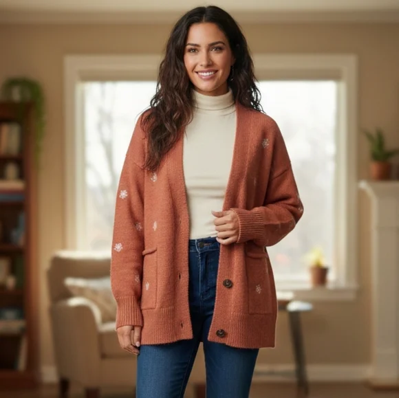 A.N.A Rust Floral Button Front Cardigan Sweater Womens Medium Fall Cozy Top - Picture 2 of 8